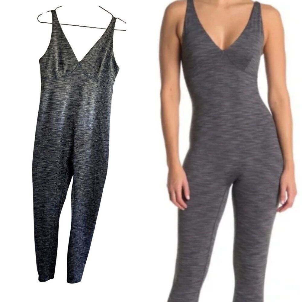 Outdoor Voices Heathered Grey Flow V Neck Unitard Stretch Sleeveless Bodysuit